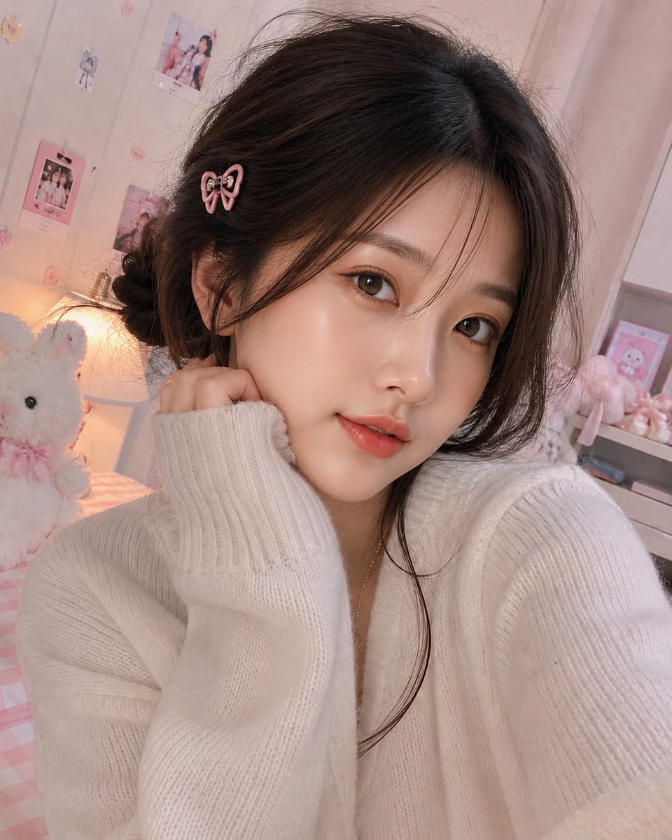 超写实室内特写自拍照,一位美丽女性(面部参考所给图像)拥有无瑕白皙的肌肤、柔和自然的妆容、水润珊瑚粉唇色、淡淡的蜜桃色腮红、轮廓分明的眉毛,以…, 图片 1