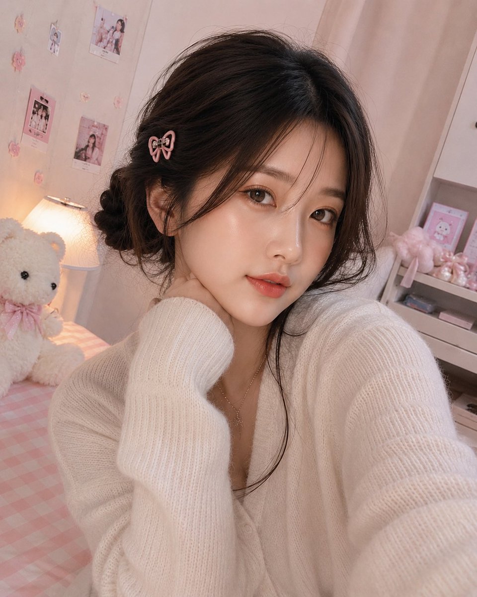 超写实室内特写自拍照,一位美丽女性(面部参考所给图像)拥有无瑕白皙的肌肤、柔和自然的妆容、水润珊瑚粉唇色、淡淡的蜜桃色腮红、轮廓分明的眉毛,以…, 图片 2