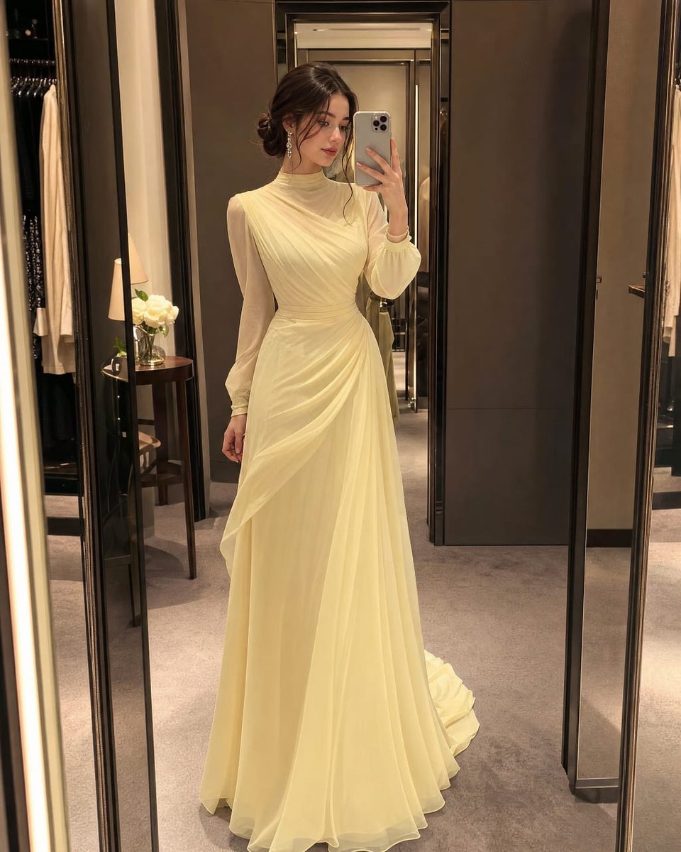 超写实全身镜面自拍,一位美丽的年轻女子身着一袭灵感源自高级时装定制时装的柔和粉彩奶油黄奢华晚礼服。优雅的及踝长裙,设计端庄精致,面料为层叠飘逸…, 图片 1