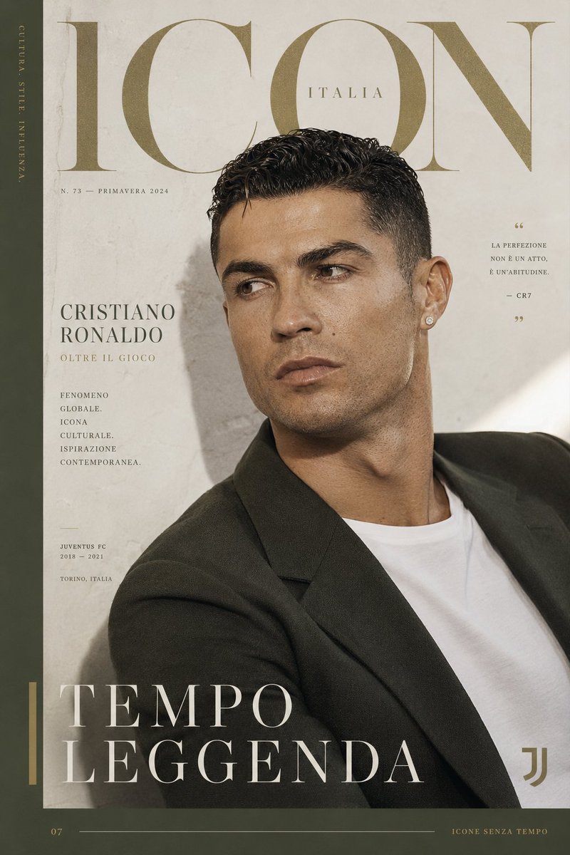 创作一幅高端的克里斯蒂亚诺·罗纳尔多(Cristiano Ronaldo)海报,灵感源自意大利时尚杂志、奢华编辑摄影以及当代视觉文化。采用尤文…, 图片 1