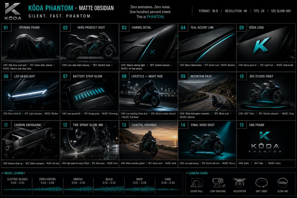 Create a professional cinematic commercial storyboard in 16:9 landscape format,…