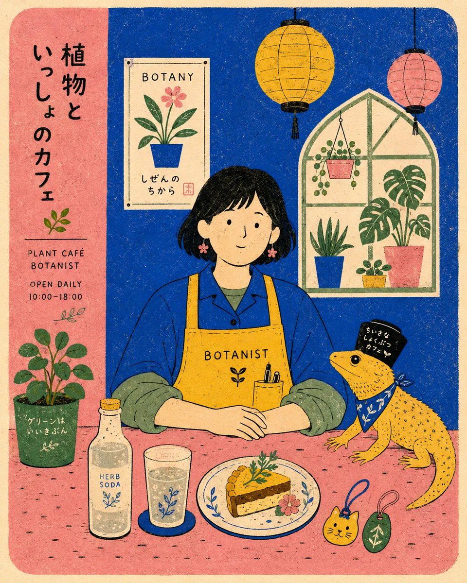 现代扁平版印风格的明信片海报插画，画面中[HUMAN]穿着[CLOTHING]，正面朝向观众，坐在一张简朴的咖啡桌后面，桌上与[ANIMAL]…, 图片 2