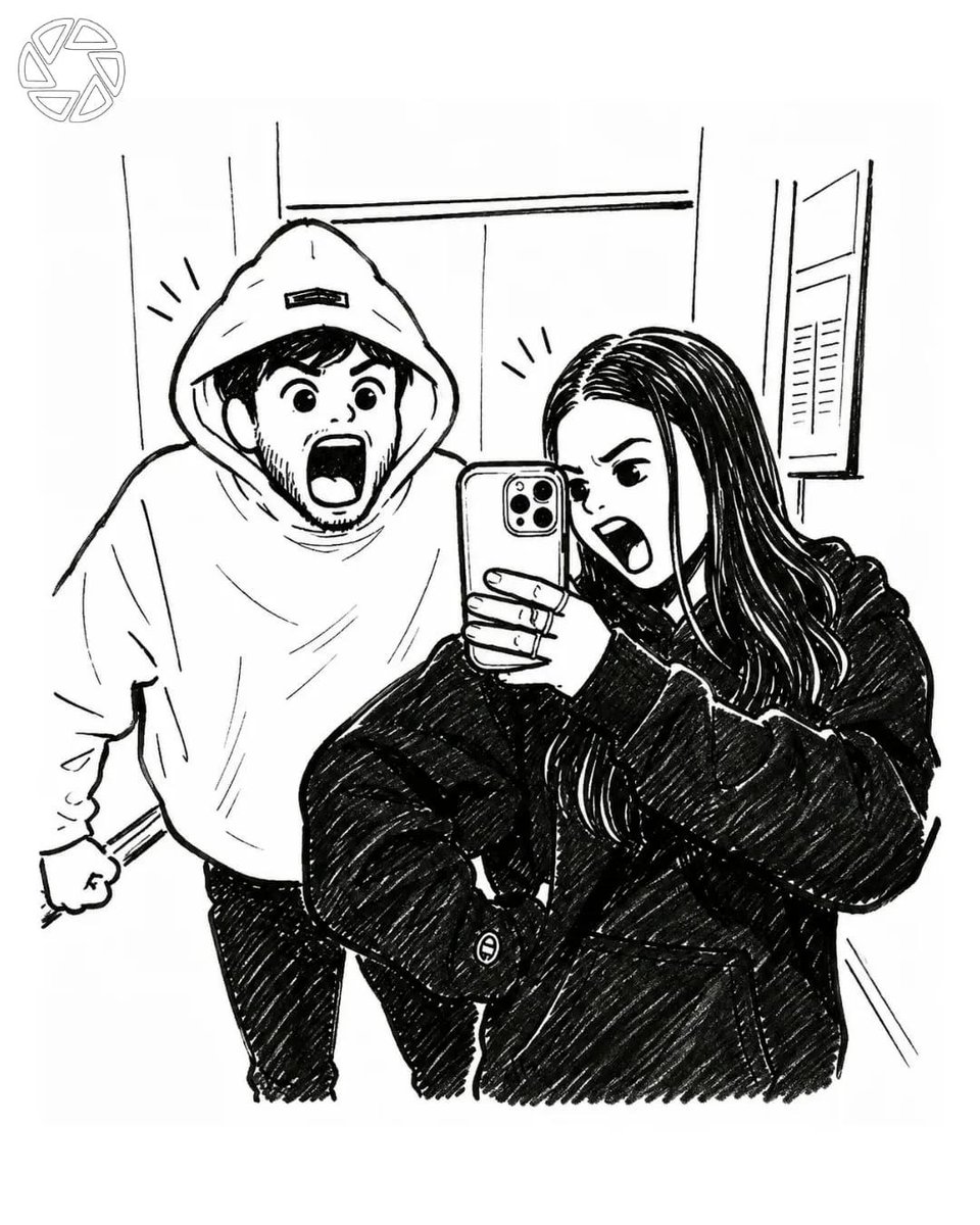 根据上传的照片创作一幅高度细致的黑白漫画插画,同时严格保留原始的姿势、构图、面部表情、服装和镜头角度。两位朋友正在一部现代电梯里拍摄镜子自拍。…, 图片 1