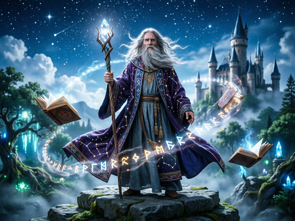 一位传奇巫师屹立于星空璀璨的夜空下的古老石崖之上,身披绣满天界星座的飘逸长袍,手持一根顶端镶嵌着发光水晶的华丽法杖,长长的银色胡须在风中轻柔飘…, 图片 1