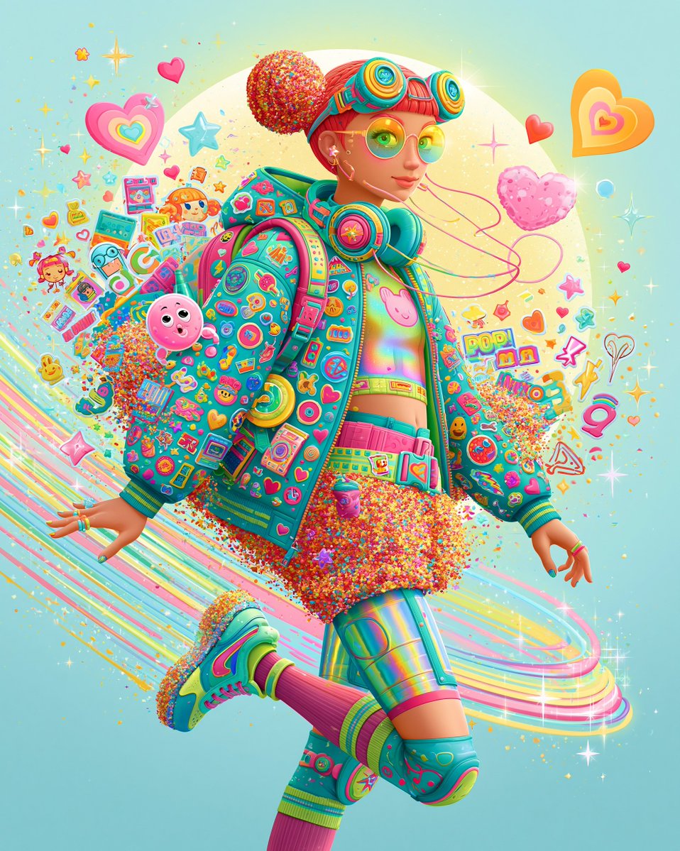 一幅充满活力、超风格化的插画,捕捉当代流行文化的精髓,散发着创意、少女感与俏皮疯狂的氛围;大胆的霓虹色、全息光泽、闪光爆炸、泡泡糖粉色美学、趣…, 图片 1