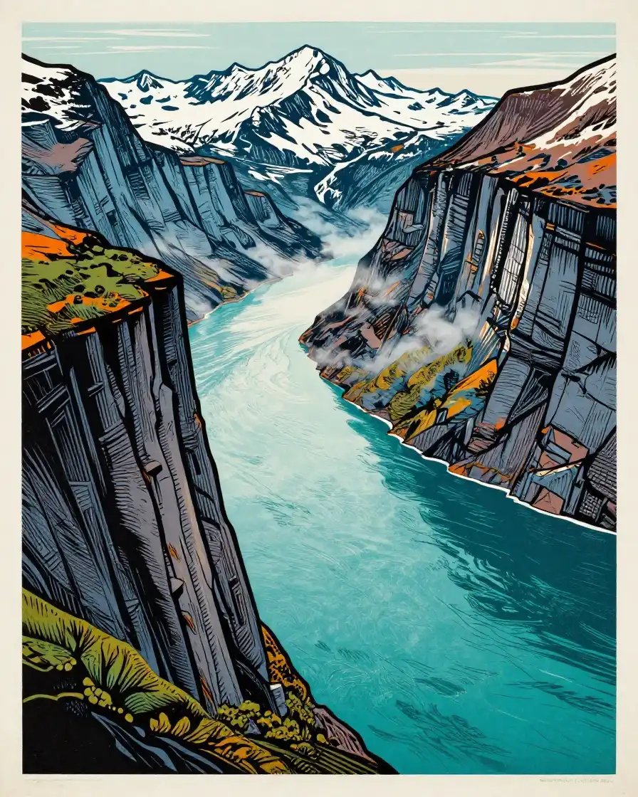 陡峭的峡湾景观,高耸的绝壁直插深绿松石色的水域,戏剧性的薄雾光影与远处积雪覆盖的山峰,充满原始力量的壮阔尺度,以大胆的亚麻版画浮雕印刷风格呈现…, 图片 1