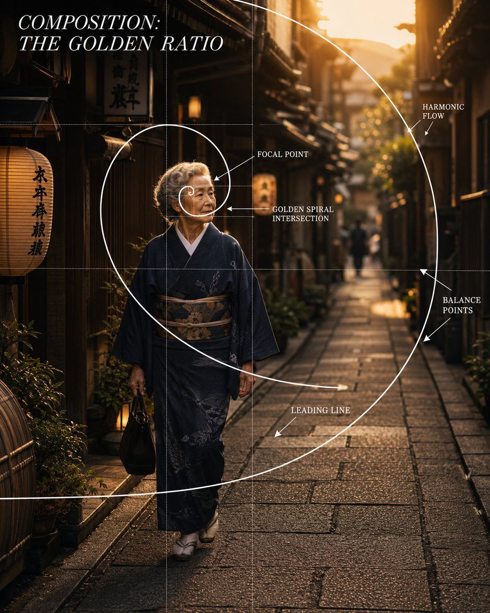 创作一张名为 COMPOSITION: THE GOLDEN RATIO（构图：黄金比例）的高端电影感摄影构图海报。, 图片 1