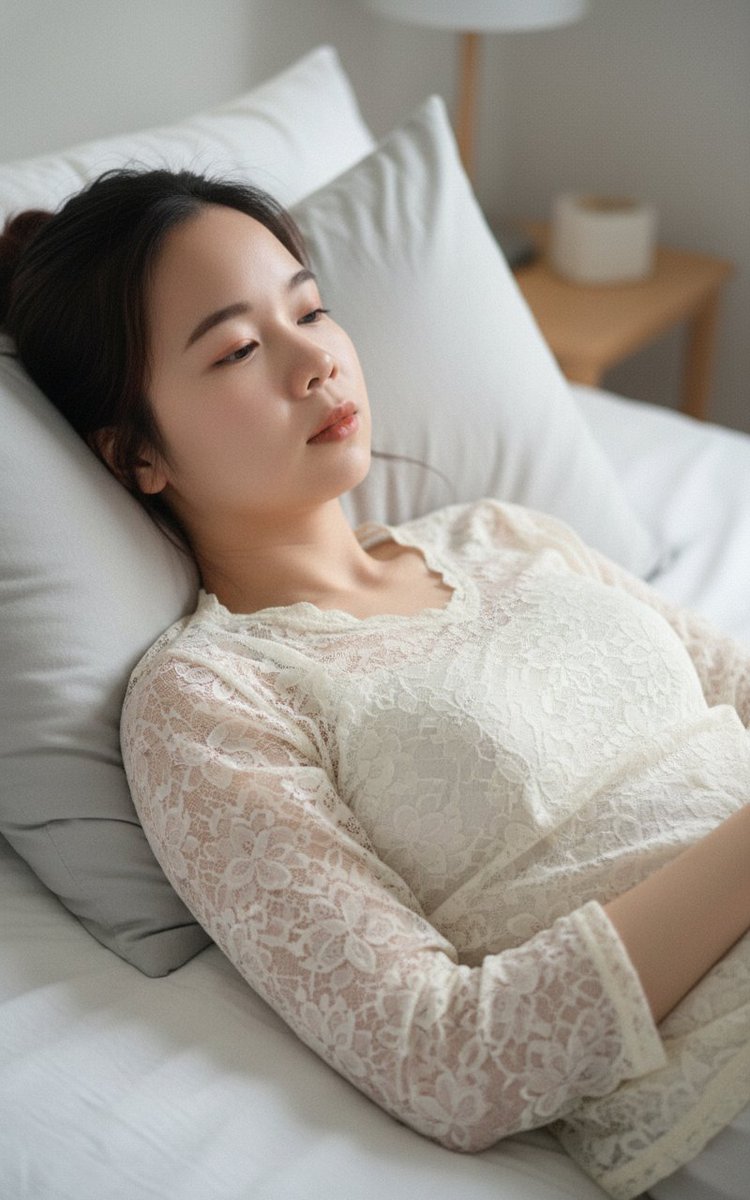 日本年轻女性在床上放松,身着朴素的蕾丝睡衣,柔和光线,舒适的肖像, 图片 1