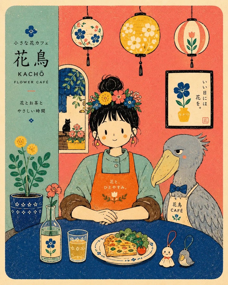 采用现代扁平风格、丝网印刷（riso）海报质感的插画：画面中[人类角色]身穿[服饰]，正面朝向观众，坐在一张简洁的咖啡桌后方，桌旁有[动物]，…, 图片 3