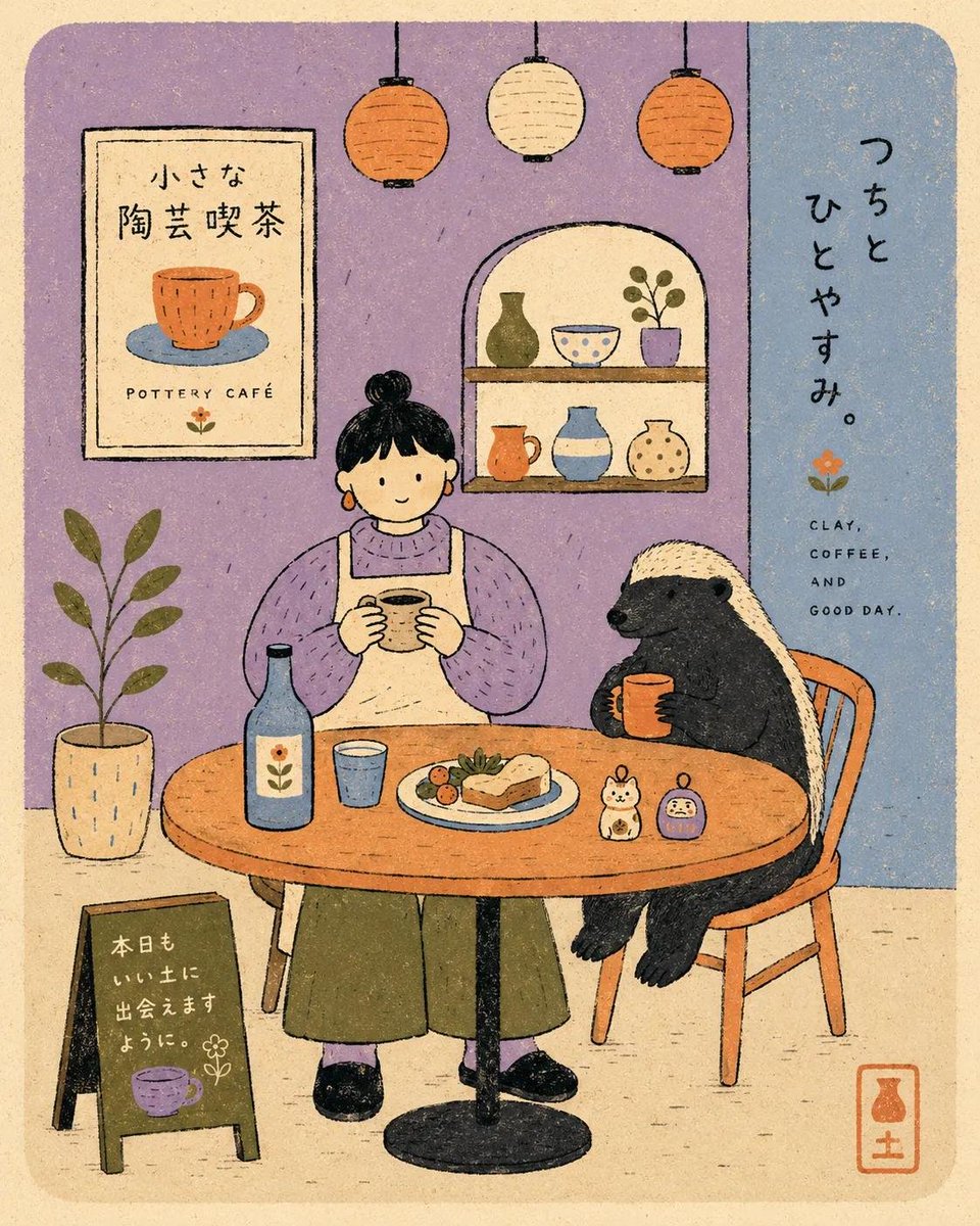 现代扁平丝网印刷风格海报插画：[HUMAN]穿着[CLOTHING]，正面坐在一张简易的咖啡桌后方，桌旁有[ANIMAL]，场景为[SCENE…, 图片 3