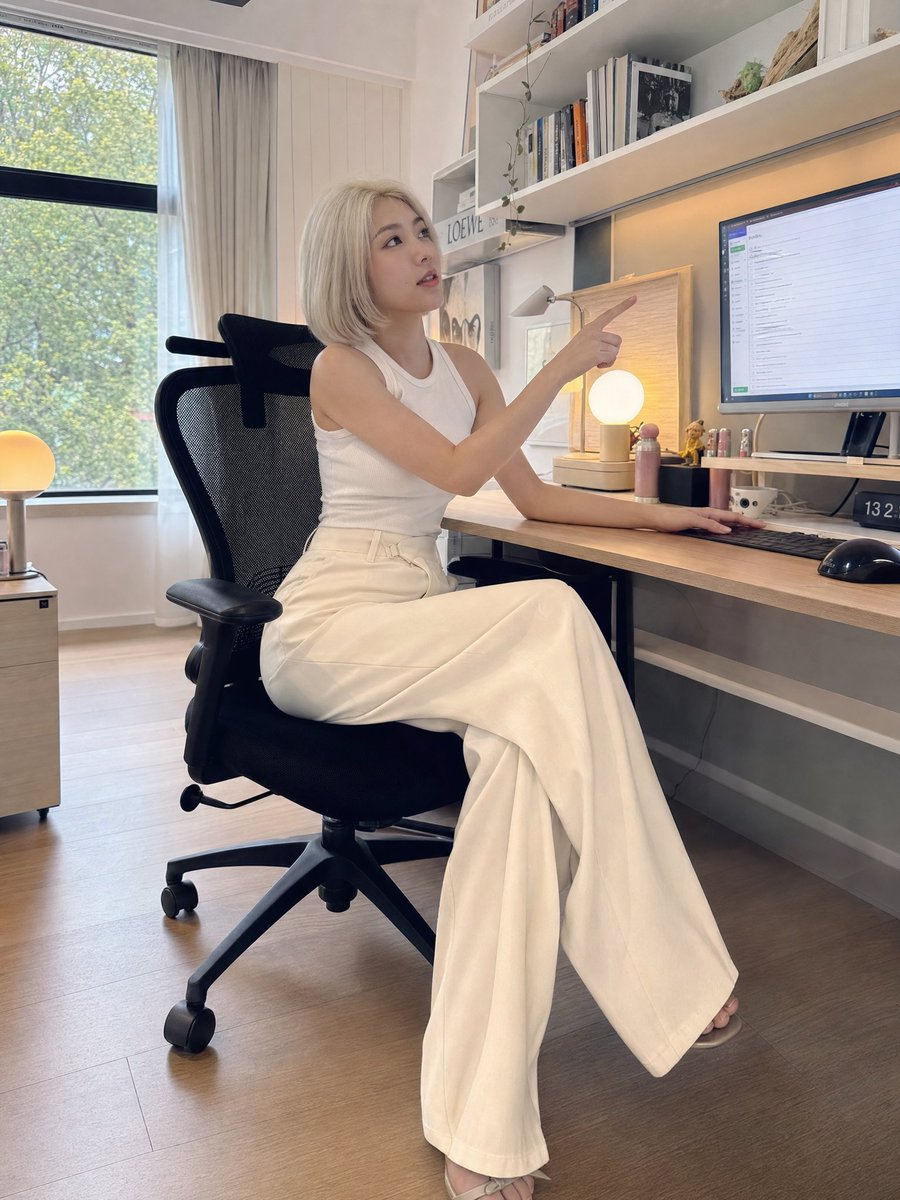 一位美丽的年轻东亚女性,留着短短的铂金金色波波头发型,拥有白皙的瓷肌、柔和的自然妆容和精致的五官,坐在现代极简风格的居家办公室的一张木桌前。她…, 图片 2