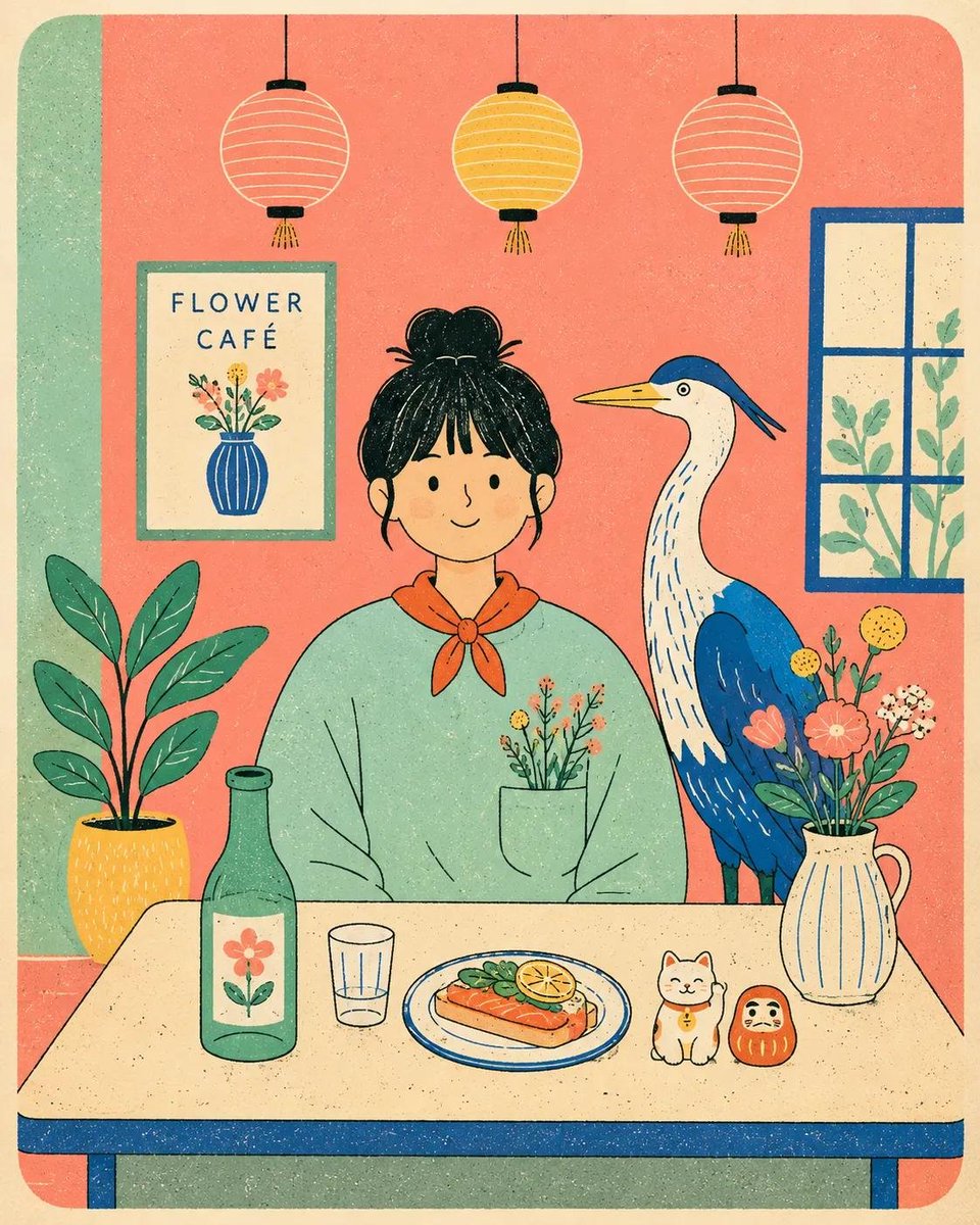 扁平现代丝网印刷风格海报插画，画中是[HUMAN]（人类），穿着[CLOTHING]（服装），正面朝向坐在一张简单的咖啡桌后方，桌旁有[ANI…, 图片 1