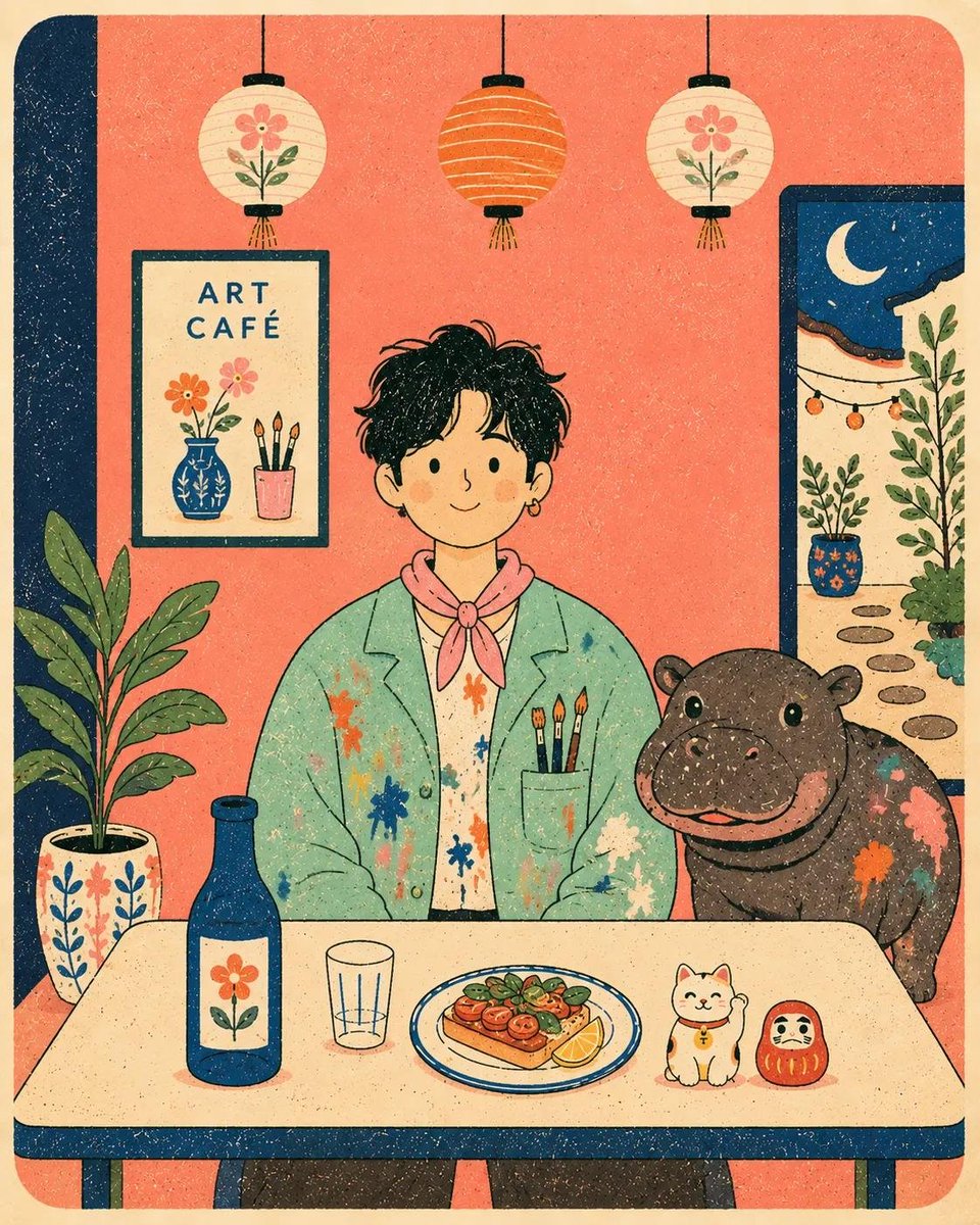 扁平现代丝网印刷风格海报插画，画中是[HUMAN]（人类），穿着[CLOTHING]（服装），正面朝向坐在一张简单的咖啡桌后方，桌旁有[ANI…, 图片 2