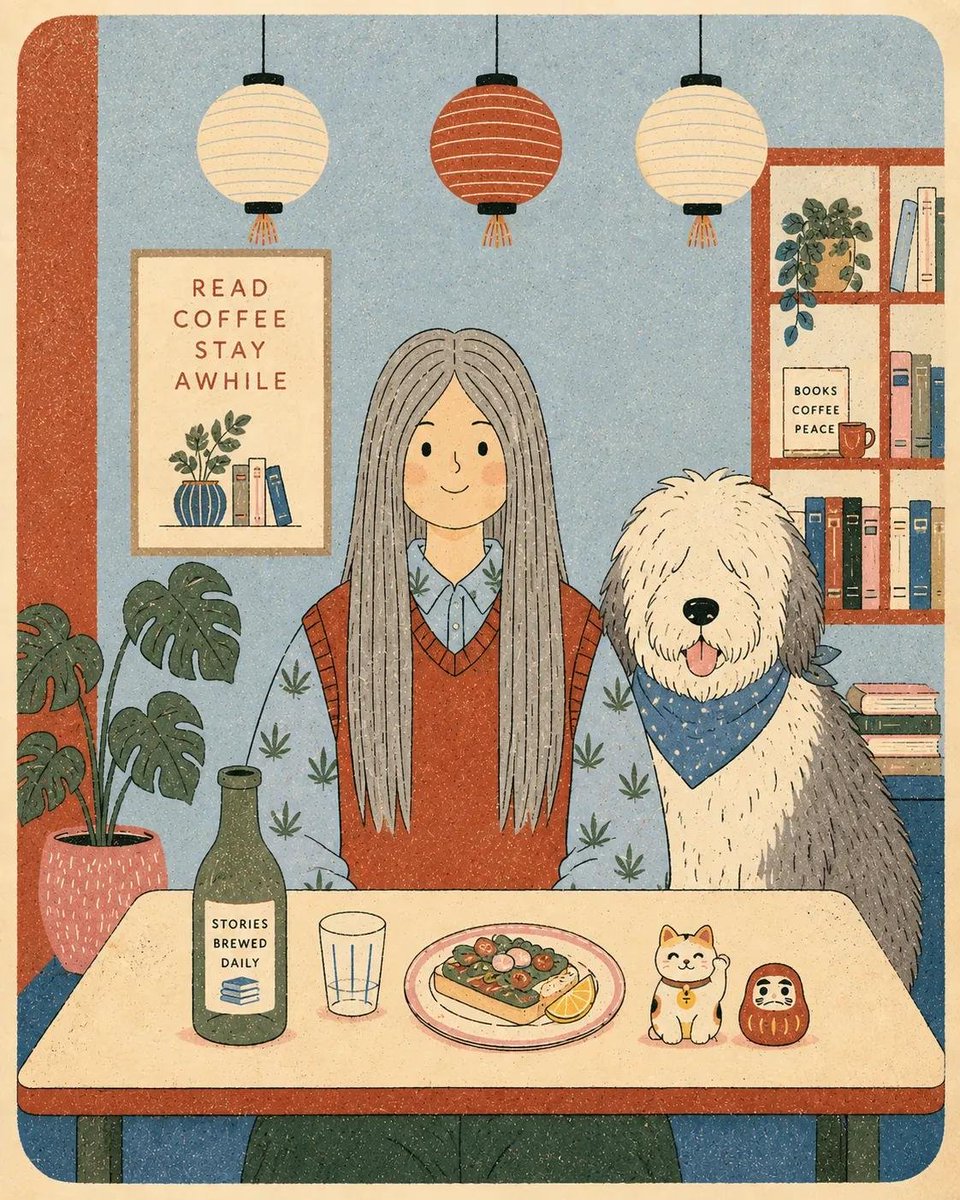 扁平现代丝网印刷风格海报插画，画中是[HUMAN]（人类），穿着[CLOTHING]（服装），正面朝向坐在一张简单的咖啡桌后方，桌旁有[ANI…, 图片 3