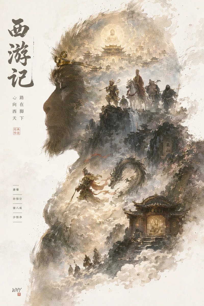 典藏版史诗海报:一幅完整的世界观与标志性场景从角色的侧面剪影中生长而出。电影海报风格与梦幻水彩插画风格相融合,静谧、宏大、神圣、怀旧,呈现纸张…, 图片 1