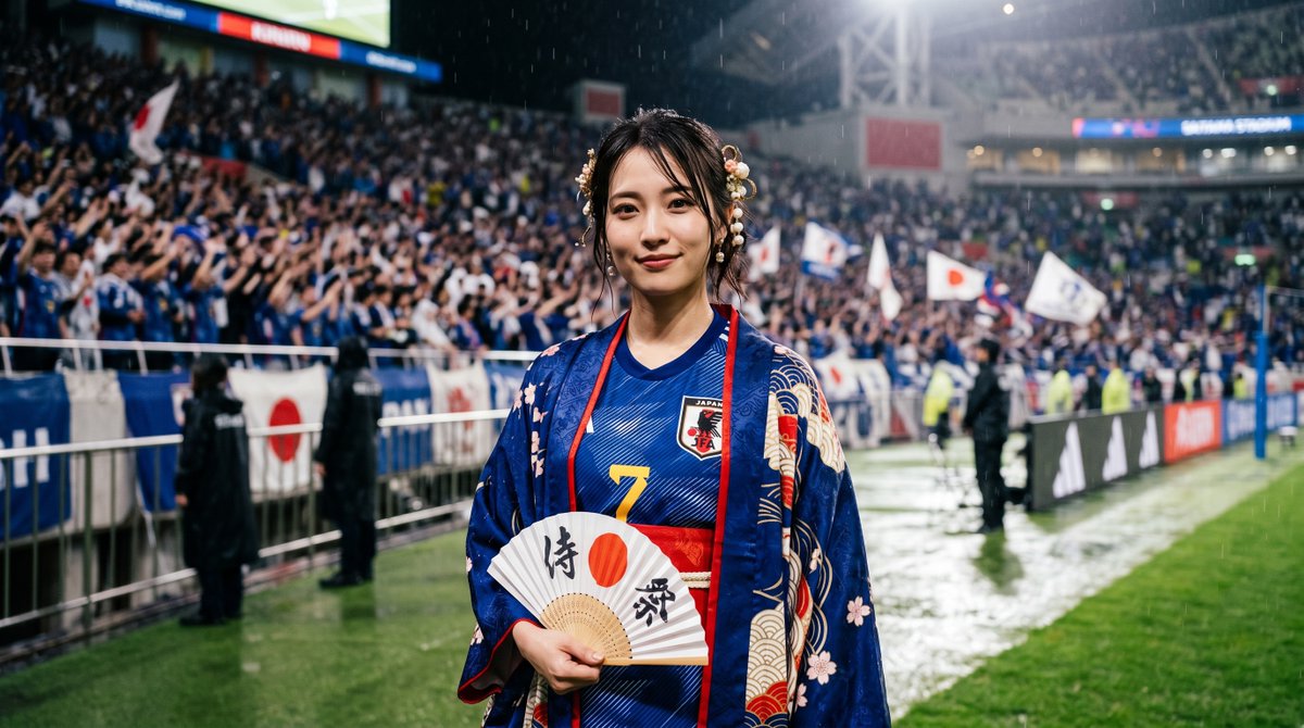 超写实电影感广角人像：一位年轻的日本女性足球迷，在雨夜比赛期间站在座无虚席的体育场边线旁。她身穿蓝色日本国家队7号球衣，外搭一件优雅的日式和风…, 图片 1