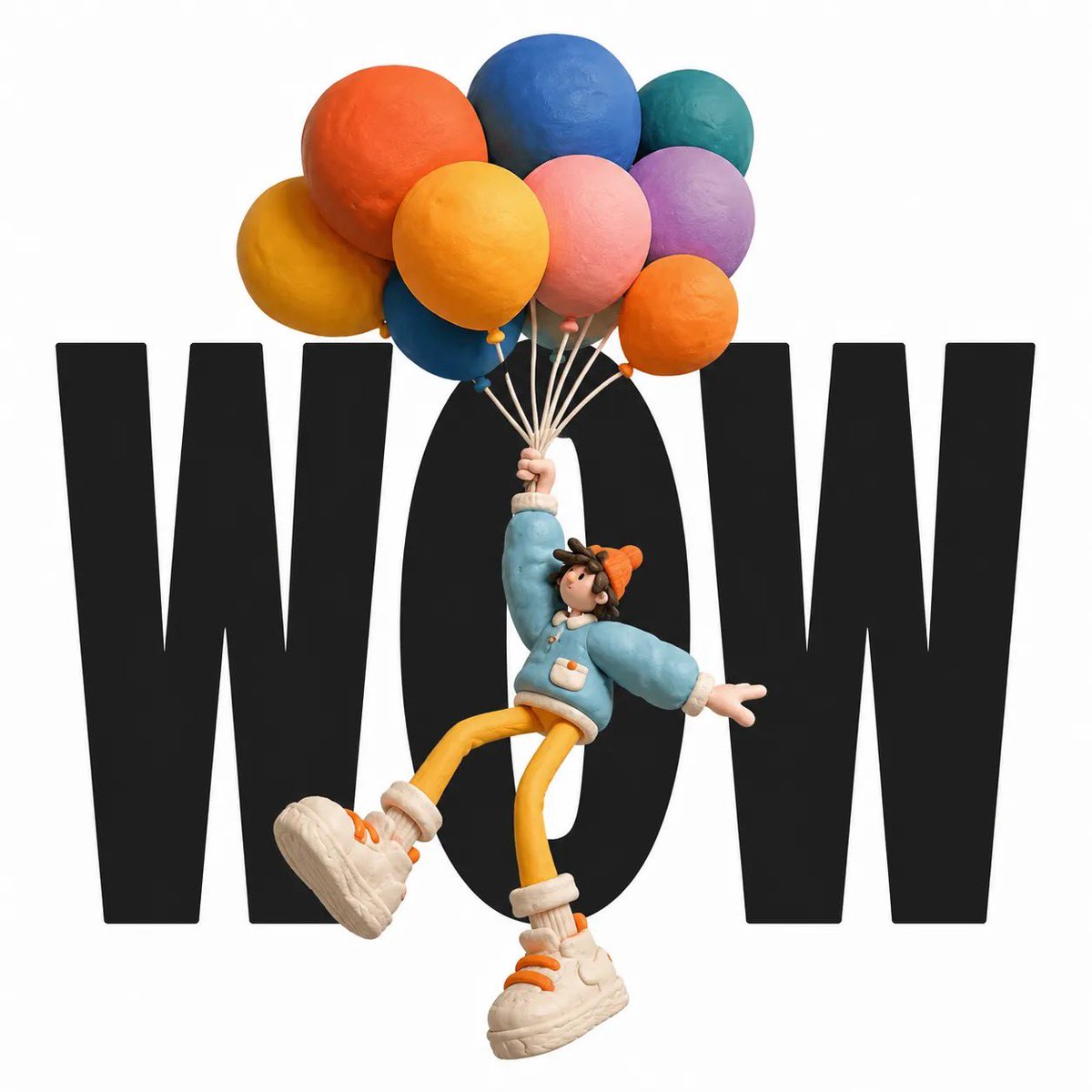 一个可爱的手工制作粘土角色，采用奇思妙想的3D定格动画风格，站立在纯白背景上巨大醒目的黑色字体前方。角色拥有超大号运动鞋、简化的面部特征、欢快…, 图片 3