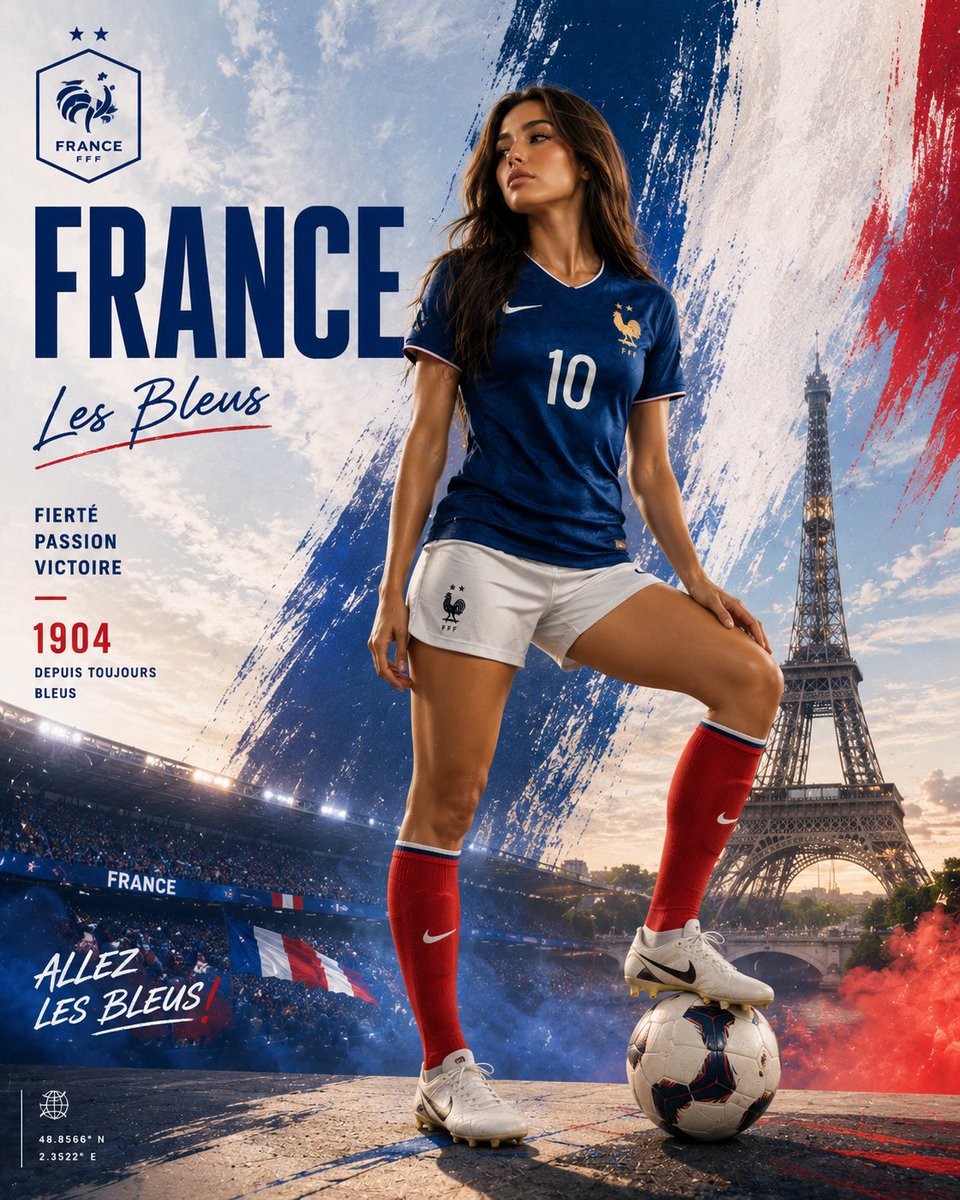 创作一张FIFA世界杯风格的顶级体育海报,主角是一位令人惊艳的年轻女足运动员,自豪地代表法国女子国家足球队。她以充满力量与自信的姿态站立,一只…, 图片 1