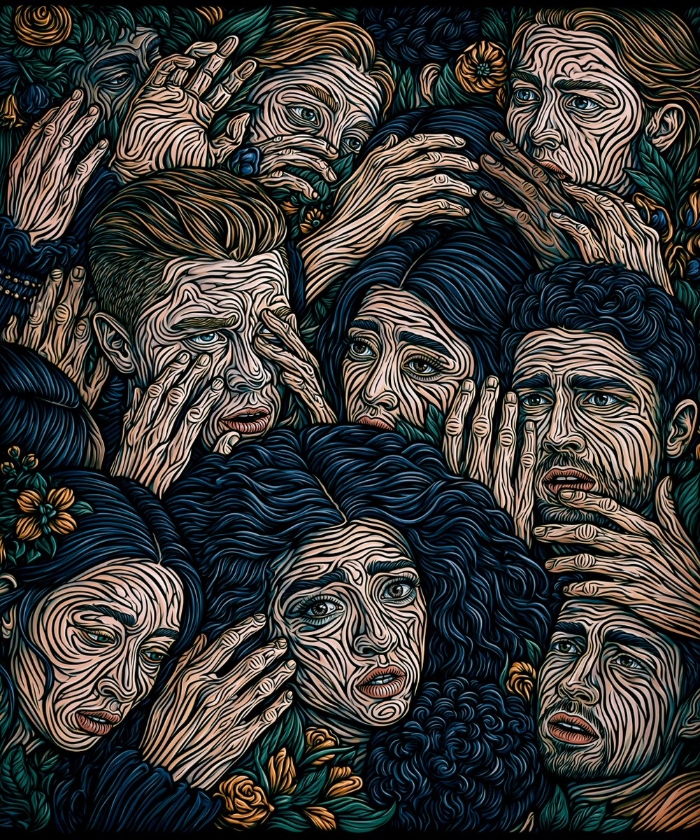 一幅竖版特写插画，采用极简线条艺术风格，描绘了人脸与手的混乱缠绕。--ar 5:6 --raw --sref 2610127471 11735…, 图片 1