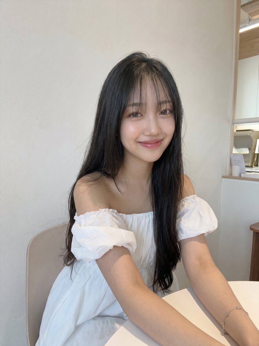 美丽的年轻日本女孩，长着丝般柔顺的黑色长发，柔和的刘海修饰脸庞，肌肤白皙透亮，自然的玫瑰色脸颊，粉润光泽的嘴唇，淡雅的日常妆容。身穿优雅的白色…, 图片 2