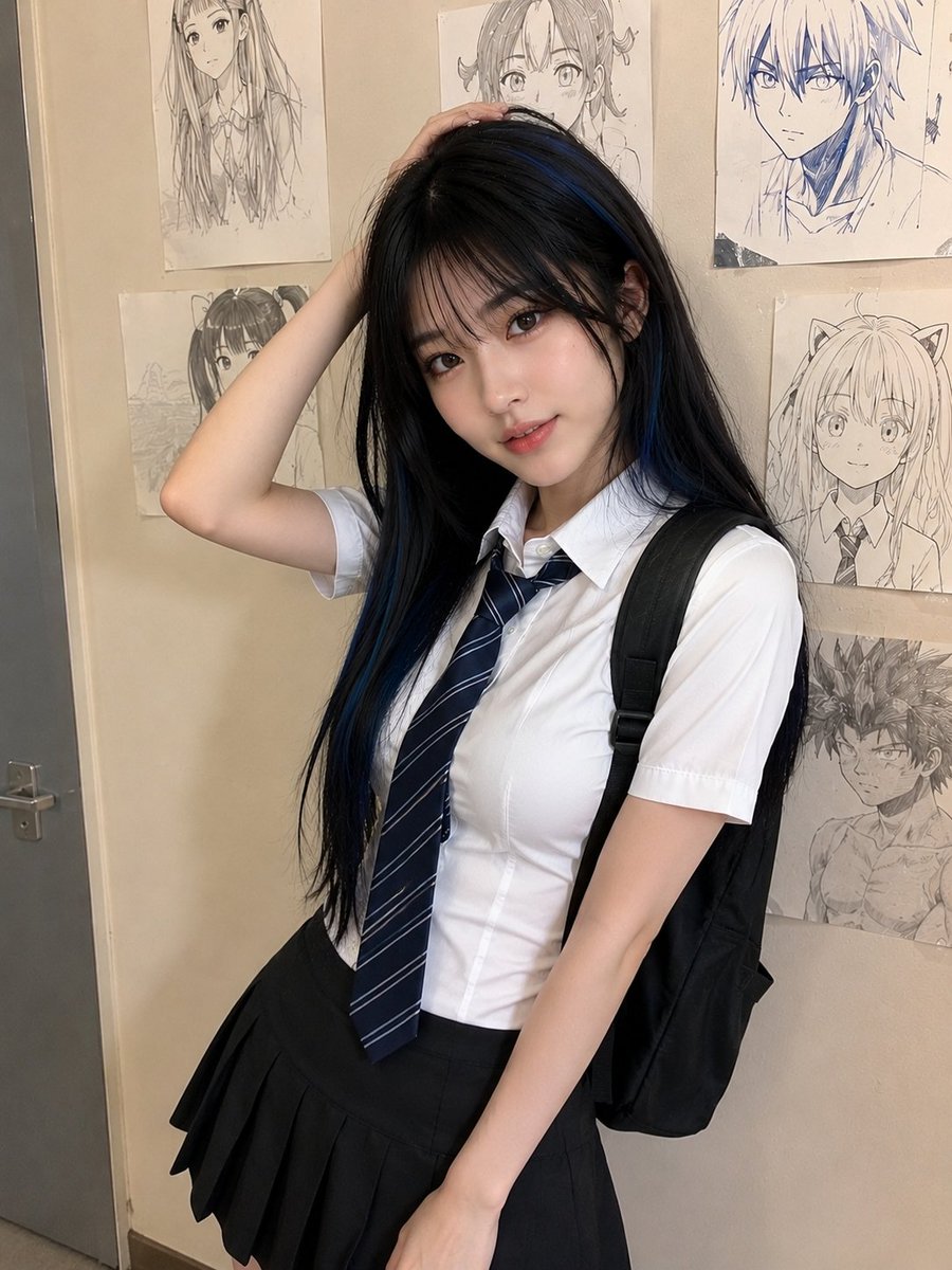 一张逼真的抓拍手机随拍照，照片中是一位可爱的年轻女性，长直黑发带有深蓝色挑染，柔和的刘海修饰脸庞，白皙皮肤，妆容自然，嘴唇红润，身着修身的白色…, 图片 1