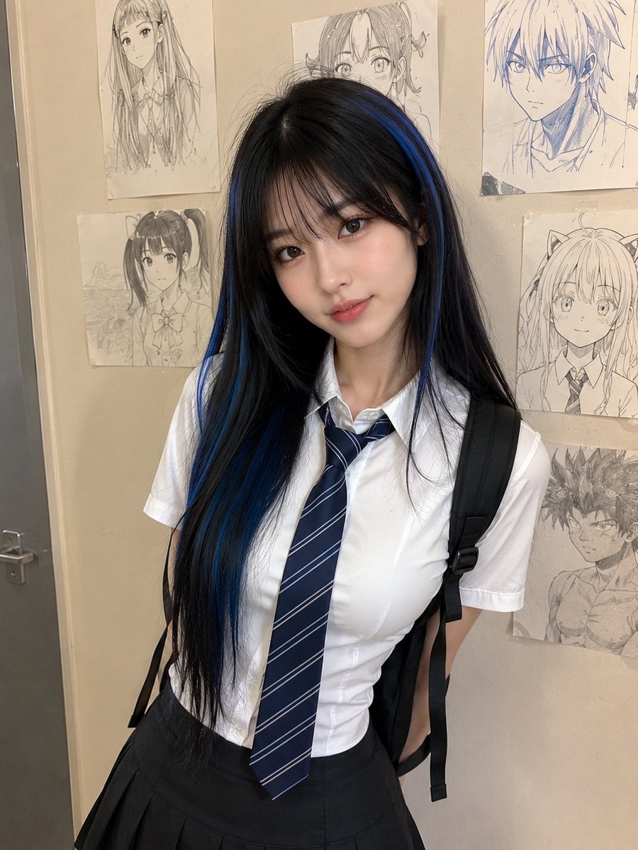 一张逼真的抓拍手机随拍照，照片中是一位可爱的年轻女性，长直黑发带有深蓝色挑染，柔和的刘海修饰脸庞，白皙皮肤，妆容自然，嘴唇红润，身着修身的白色…, 图片 2