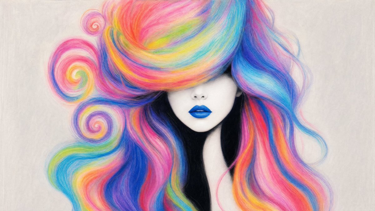 一幅风格化的时尚人像插画，画中是一位神秘的女子，面如苍白瓷釉般雪白，没有可见的眼睛，嘴唇是鲜艳的钴蓝色。她的双眼完全被巨大飘逸的彩虹色长发遮盖…, 图片 1