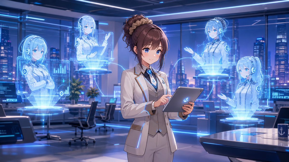 未来的なビジネススーツを着たタヌキちゃんが、デジタルタブレットを操作し、周囲にAIエージェントのホログラムが浮かんでいるハイテクオフィス風景。…, 图片 1