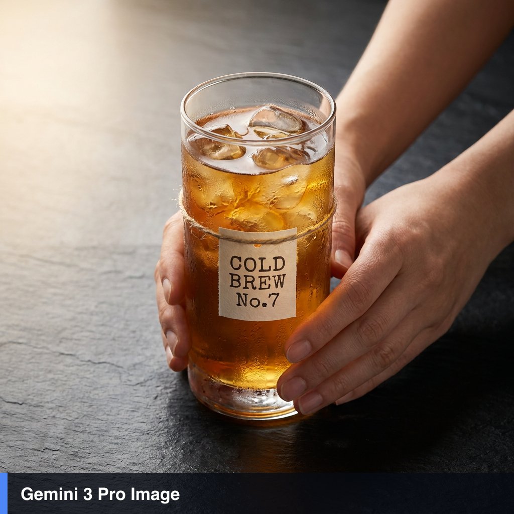 超写实工作室产品静物:两只人手握着一只高高的透明玻璃杯,杯中盛有加冰的琥珀色冷萃咖啡,玻璃杯外布满凝结的水珠,冰块折射效果逼真,五指解剖结构正…, 图片 2