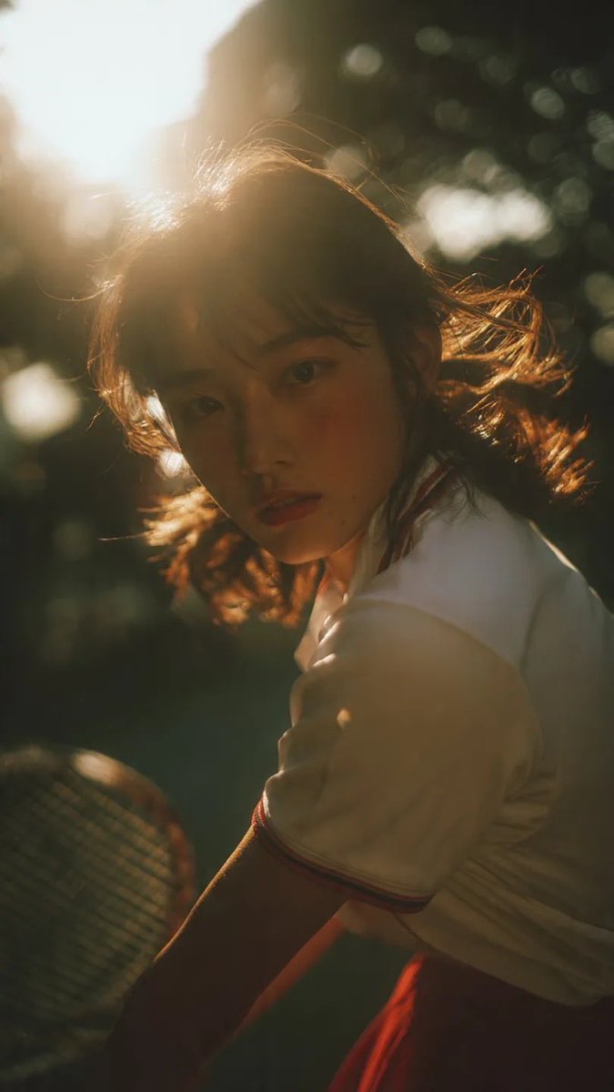 电影感中景镜头：一名身穿网球服的日本少女，在网球比赛挥拍途中被自然抓拍，柔和阳光穿过树林，暖色调，90年代日本电影美学，轻微胶片颗粒感，风吹动…, 图片 2