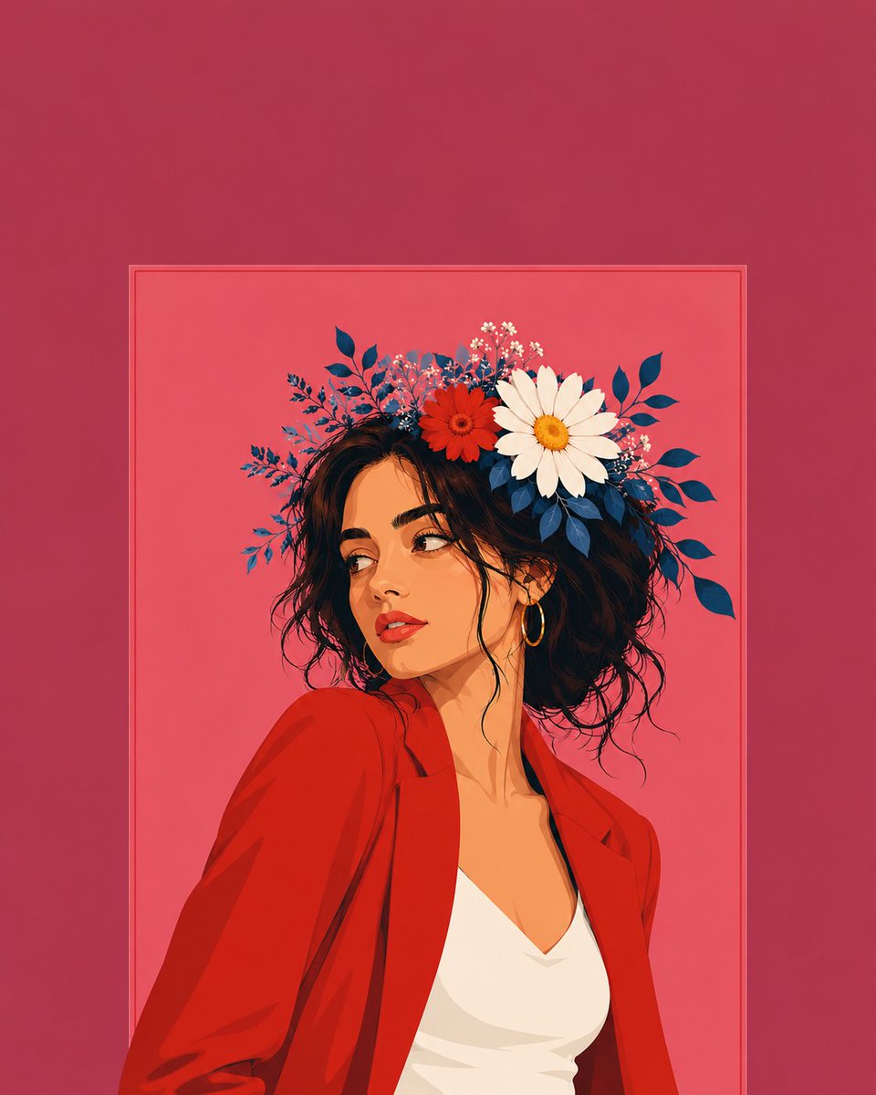 宽幅扁平矢量插画海报，戴着花冠的女子回头瞥视，穿红色西装外套与白色上衣，粉红色分层背景完整构图，带有框式内嵌矩形，外边框留有大量干净的负空间以…, 图片 4