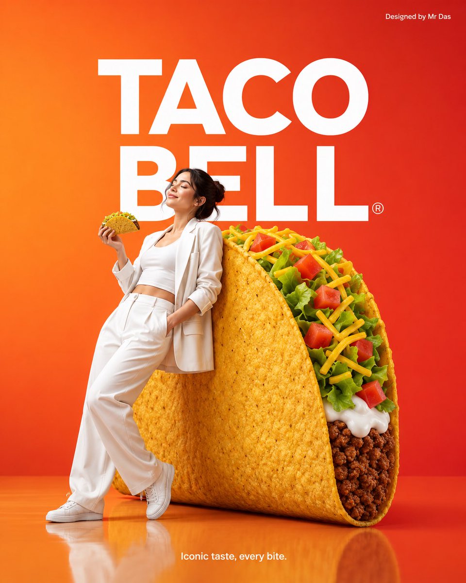 极简风格商业广告,主打超大版 Taco Bell 脆皮玉米卷,设计极致简洁。一位年轻女子身穿全白服装,慵懒随意地斜靠在巨大的玉米卷上,姿态放松…, 图片 1