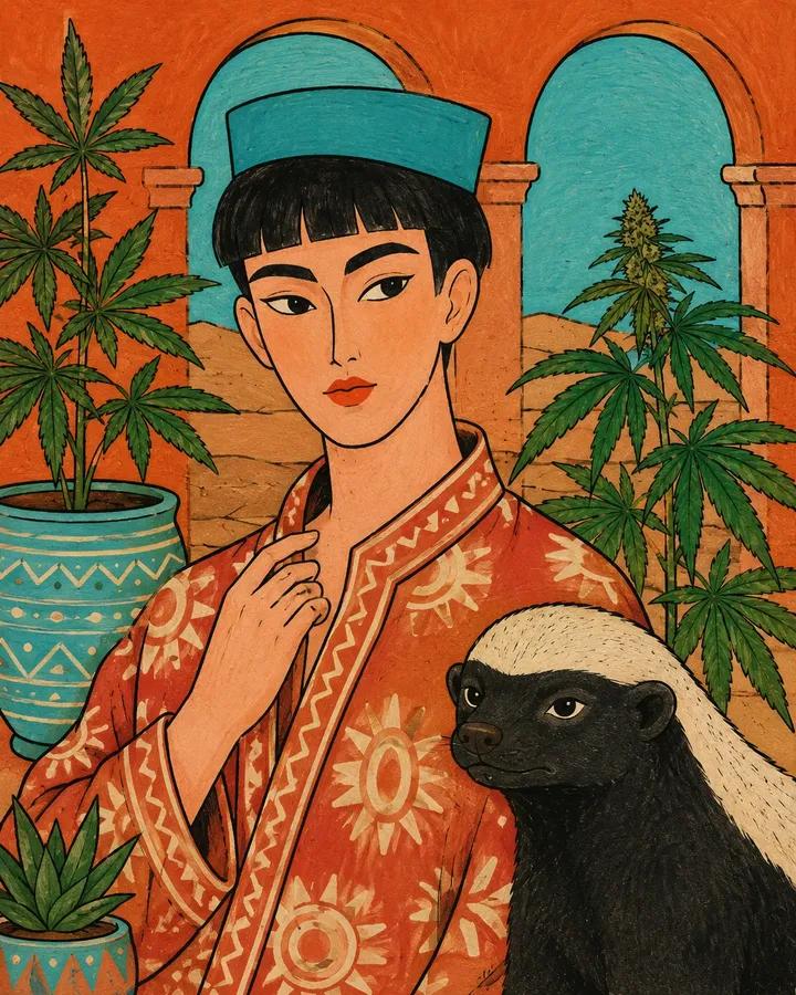 扁平的民间手绘时尚插画，画中是一位 [HUMAN]，穿着 [CLOTHING]，摆出 [POSE] 姿势，身旁有 [ANIMAL]，背景设定在…, 图片 1