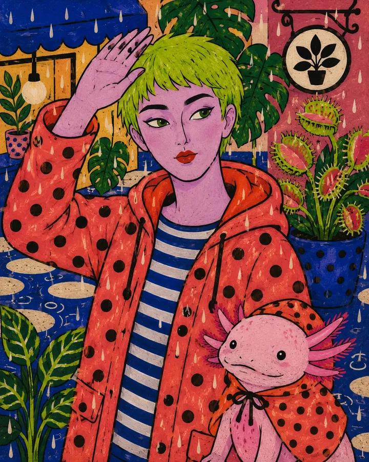 扁平的民间手绘时尚插画，画中是一位 [HUMAN]，穿着 [CLOTHING]，摆出 [POSE] 姿势，身旁有 [ANIMAL]，背景设定在…, 图片 2