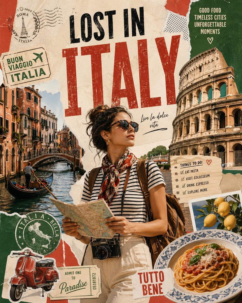 创作一幅名为 "LOST IN [COUNTRY]"（迷失在[国家]）的复古高级旅行拼贴海报，主角是一位时尚的单人旅行者正在探索标志性景点。设…, 图片 2