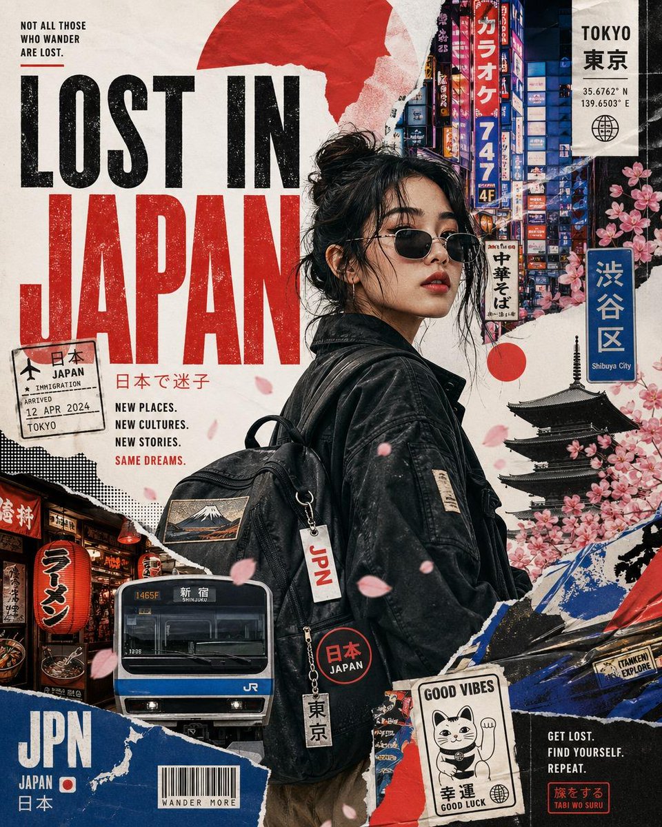 创作一幅名为 "LOST IN [COUNTRY]"（迷失在[国家]）的复古高级旅行拼贴海报，主角是一位时尚的单人旅行者正在探索标志性景点。设…, 图片 3