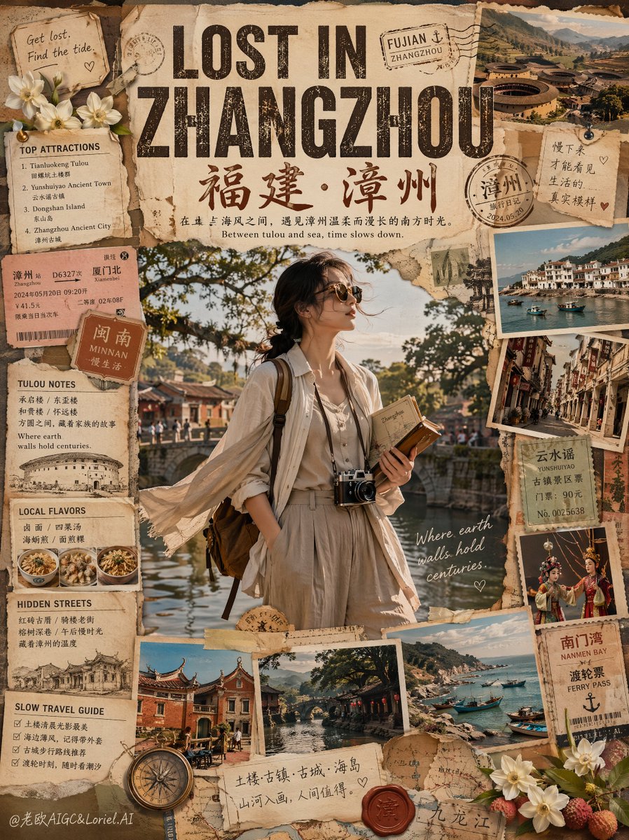 创作一幅高端复古旅行拼贴海报，标题为“LOST IN SHAOXING”（迷失在绍兴），画面中一位时尚独行旅人正在探索浙江绍兴，整体以博物馆级…, 图片 1