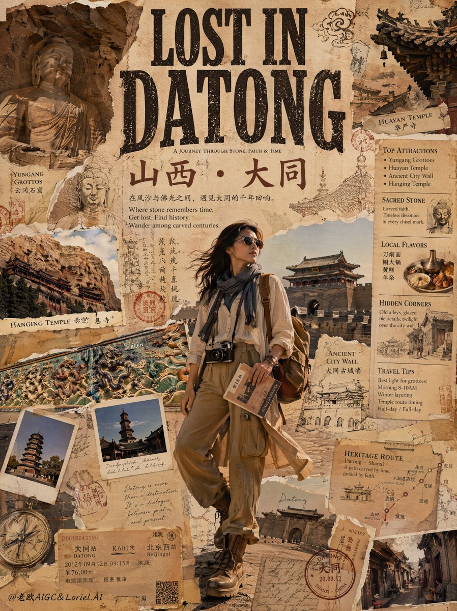 创作一幅高端复古旅行拼贴海报，标题为“LOST IN SHAOXING”（迷失在绍兴），画面中一位时尚独行旅人正在探索浙江绍兴，整体以博物馆级…, 图片 2