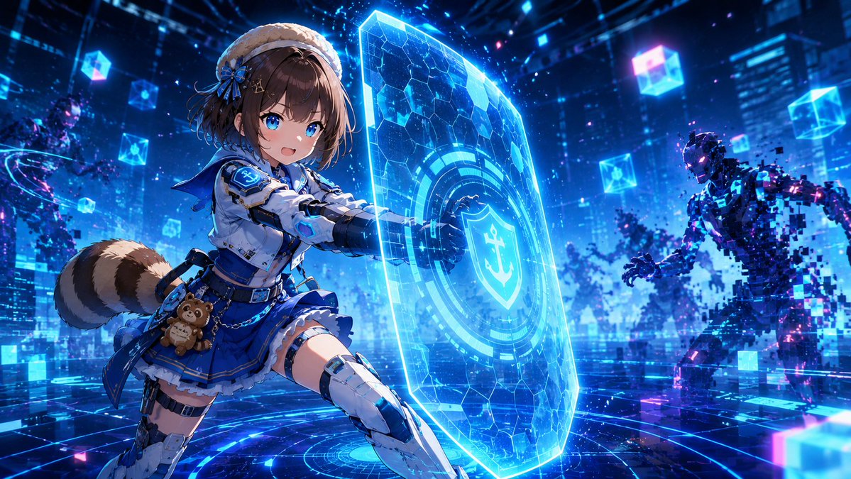 未来的なセキュリティ官の衣装を着たタヌキちゃんが、デジタルシールドを構えているサイバー空間の様子。アニメスタイル、16:9。, 图片 1