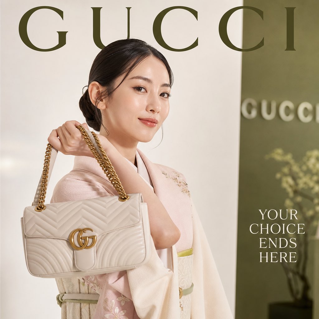 超写实奢侈时尚品牌广告杂志封面，一位优雅的日本女性身着剪裁利落的暗粉色与奶油白日式连衣裙，将精致的绗缝皮革古驰手提包（金色链条肩带）举至肩高，…, 图片 1