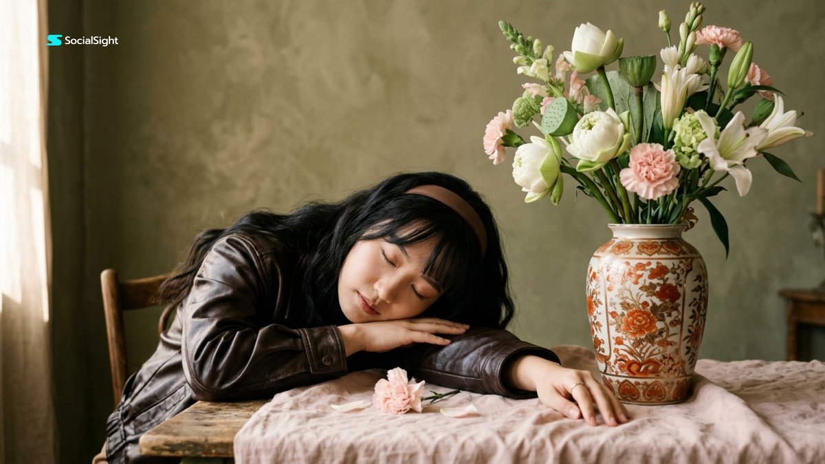 一幅电影感的美术工作室人像摄影:一位年轻的东亚女性将头安静地依偎在交叠的双臂上,身旁是一只高大的陶瓷花纹花瓶,瓶中插着优雅的莲花、白色百合、淡…, 图片 1