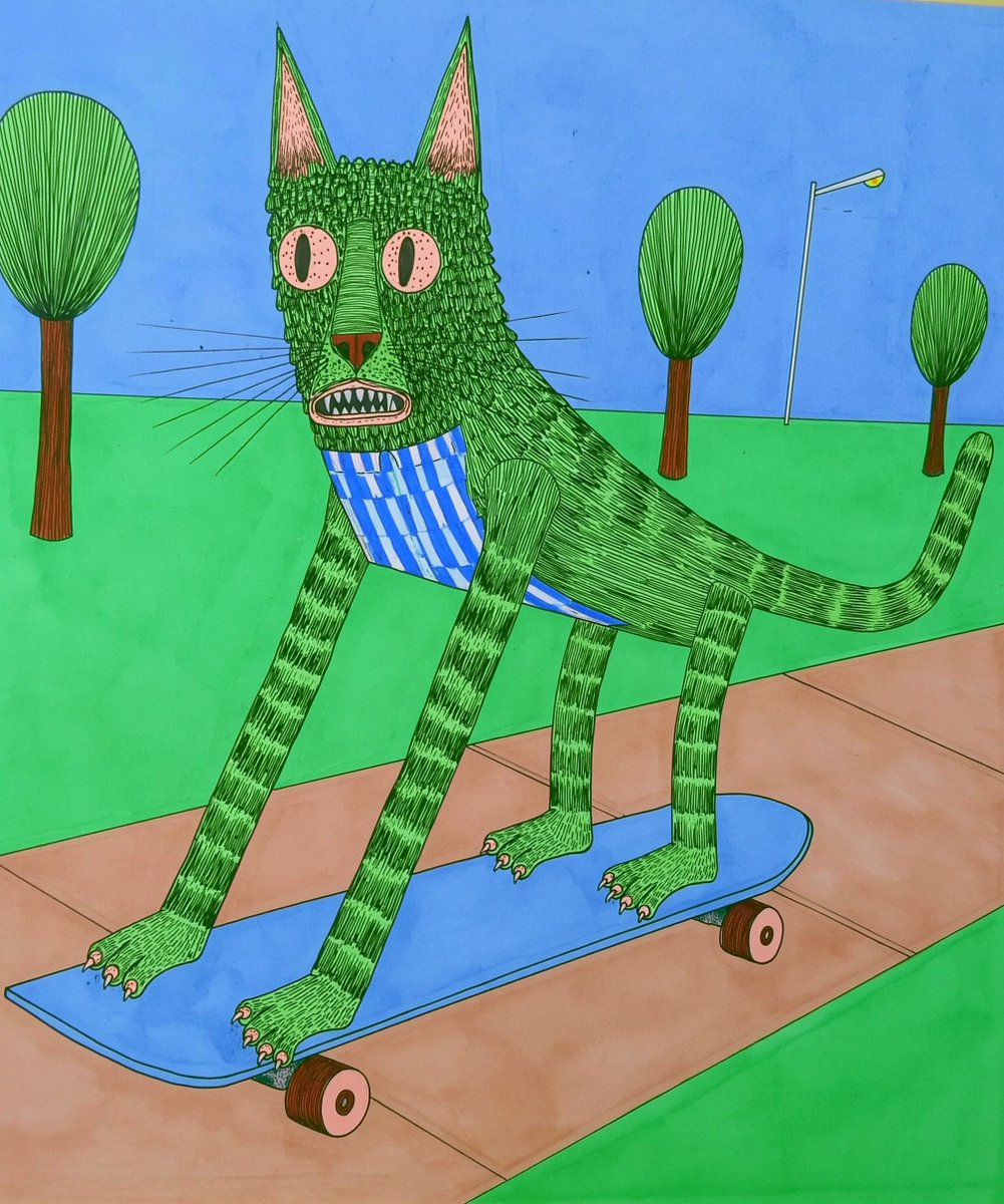 一只可爱的拟人化猫咪踩在滑板上,简洁粗线条轮廓,摆出俏皮的姿势,在欢乐公园里沿着平坦的人行道滑行,背景细节极简 --ar 5:6 --raw …, 图片 1