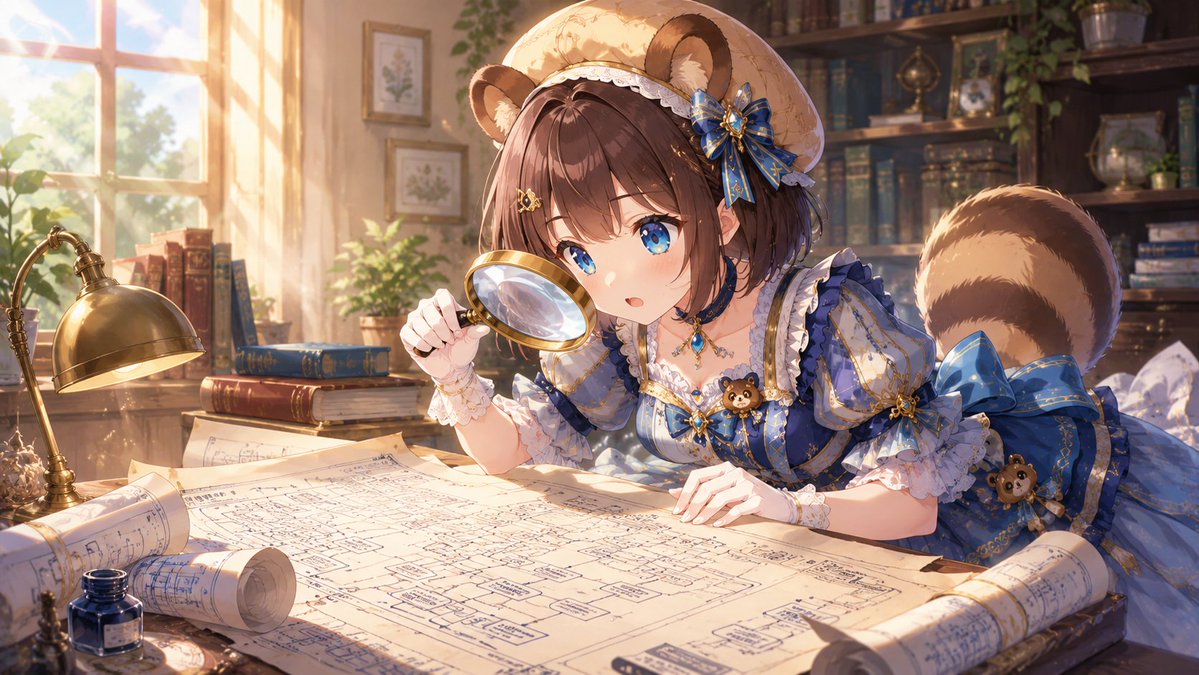 豪华装扮的狸猫娘,手持放大镜仔细端详复杂的软件设计图。动漫风格,明亮的晨光,16:9。, 图片 1