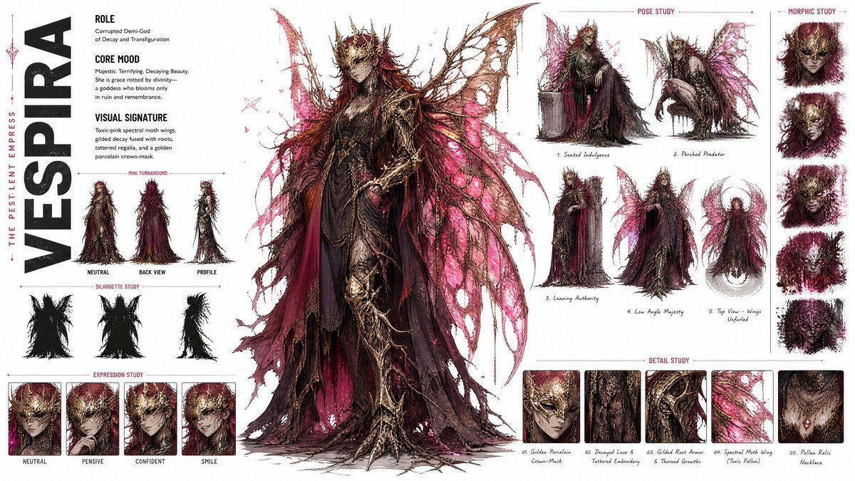 创建一个高端、现代的时尚风格角色概念设定表（CHARACTER CONCEPT ART SHEET），采用 16:9 宽屏布局，置于纯白背景上…, 图片 1
