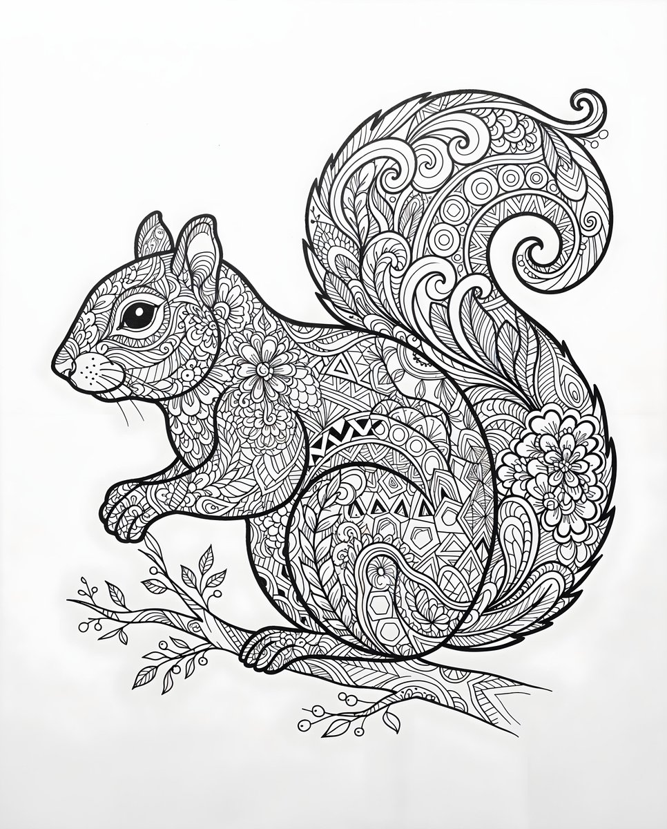 一幅黑白线条画描绘了一只侧面朝左的松鼠。松鼠身上装饰着各种图案和设计,类似禅绕画或成人涂色页。它的身体布满了花卉图案、鳞片、漩涡和几何形状。它…, 图片 1