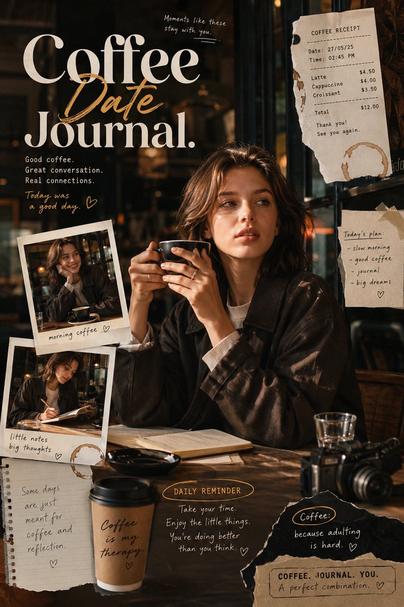 受《Coffee Date Journal》启发的编辑风格海报，营造温暖而亲密的咖啡馆叙事氛围，仿佛捕捉现代咖啡馆日记中的私人瞬间。构图融合真…, 图片 1