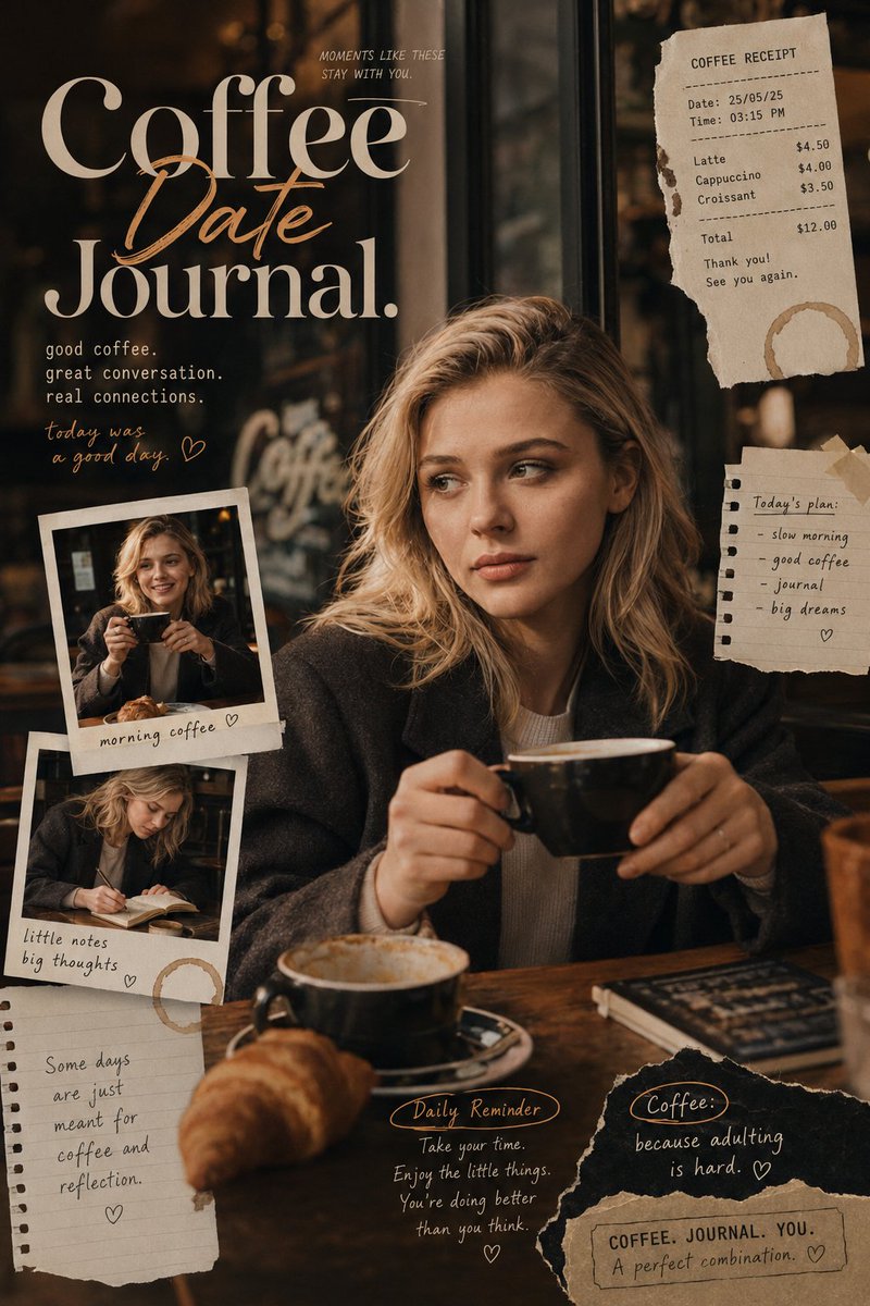 受《Coffee Date Journal》启发的编辑风格海报，营造温暖而亲密的咖啡馆叙事氛围，仿佛捕捉现代咖啡馆日记中的私人瞬间。构图融合真…, 图片 2