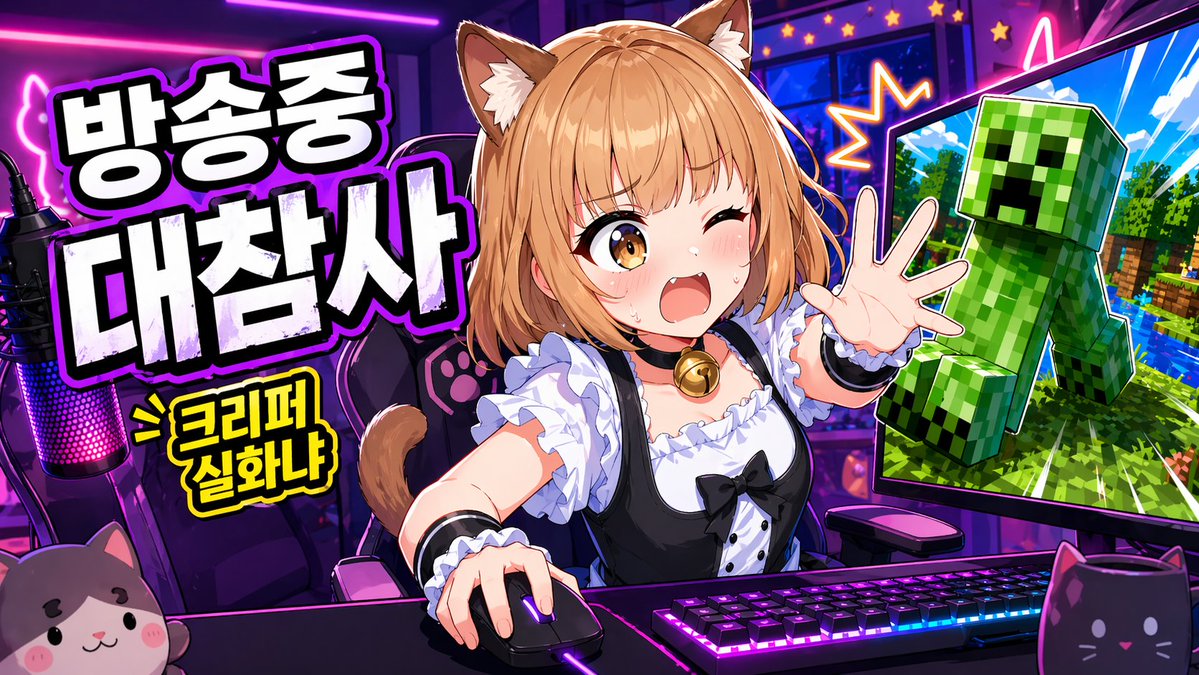 为一场游戏直播创建一个充满活力的动漫风格 YouTube 缩略图,采用宽幅 16:9 版式。场景设定在霓虹紫与粉色的主播房间内。在画面中央,展…, 图片 1