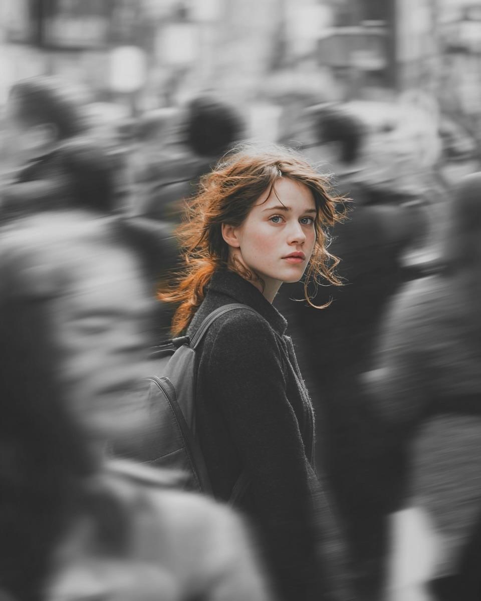 一张电影感的街头人像：一位年轻女子穿行于拥挤的城市之中,主体保持锐利清晰,而周围的行人则通过大幅度的追拍运动效果呈现为模糊。整个画面为黑白单色…, 图片 1