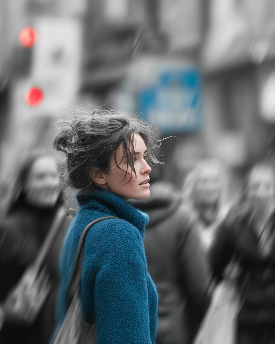 一张电影感的街头人像：一位年轻女子穿行于拥挤的城市之中,主体保持锐利清晰,而周围的行人则通过大幅度的追拍运动效果呈现为模糊。整个画面为黑白单色…, 图片 2